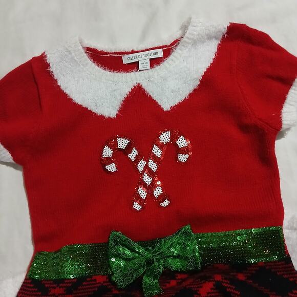 Ugly Christmas Sweater Dress Large (10/12) CanDY Canes Plaid Skirt Sequin Bow - Picture 3 of 11